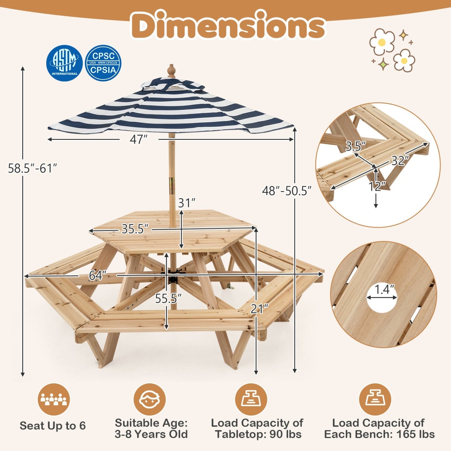 Kids Hexagonal Picnic Table with Umbrella and 6 Benches
