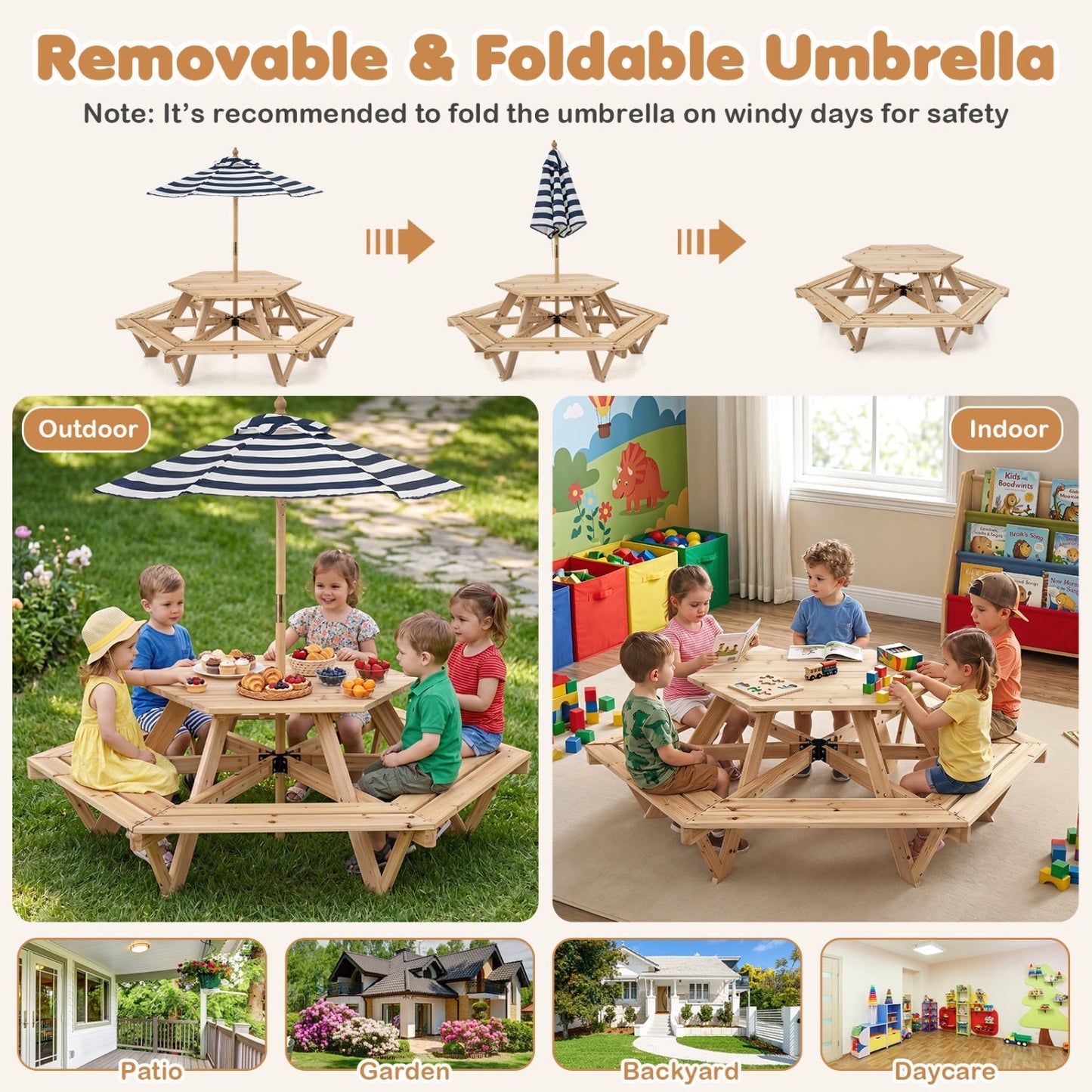 Kids Hexagonal Picnic Table with Umbrella and 6 Benches