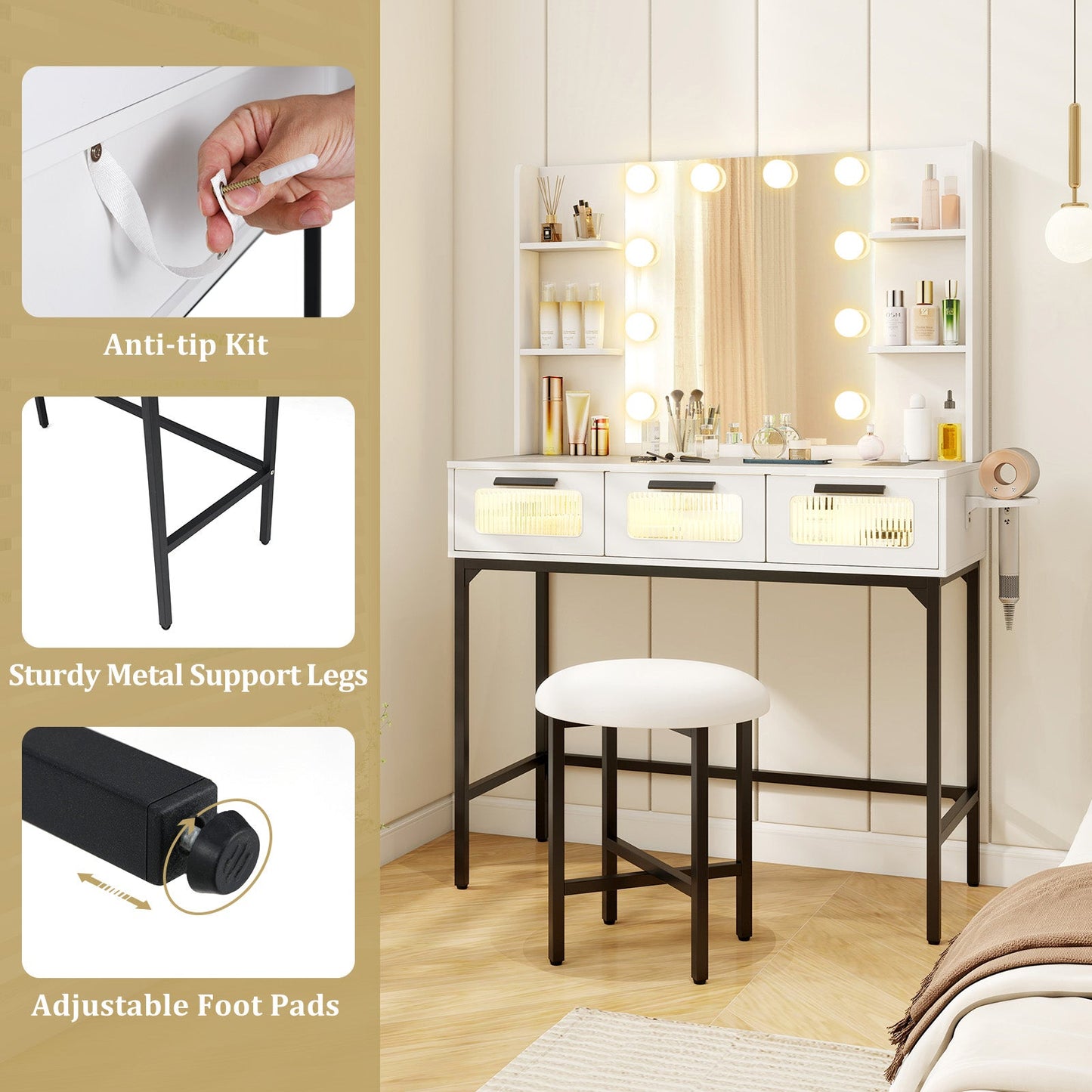 Bedroom Makeup Vanity Desk with Hollywood Mirror and Lights-White