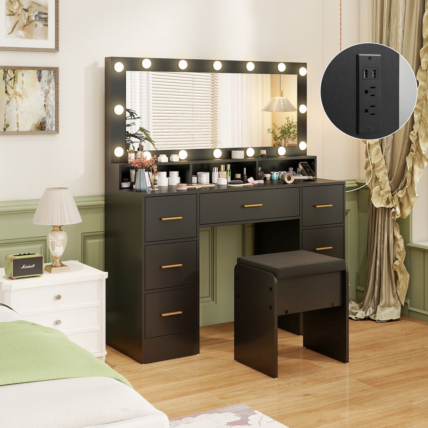 Makeup Vanity Desk with Mirror 3-Color LED Lights and Charging Station