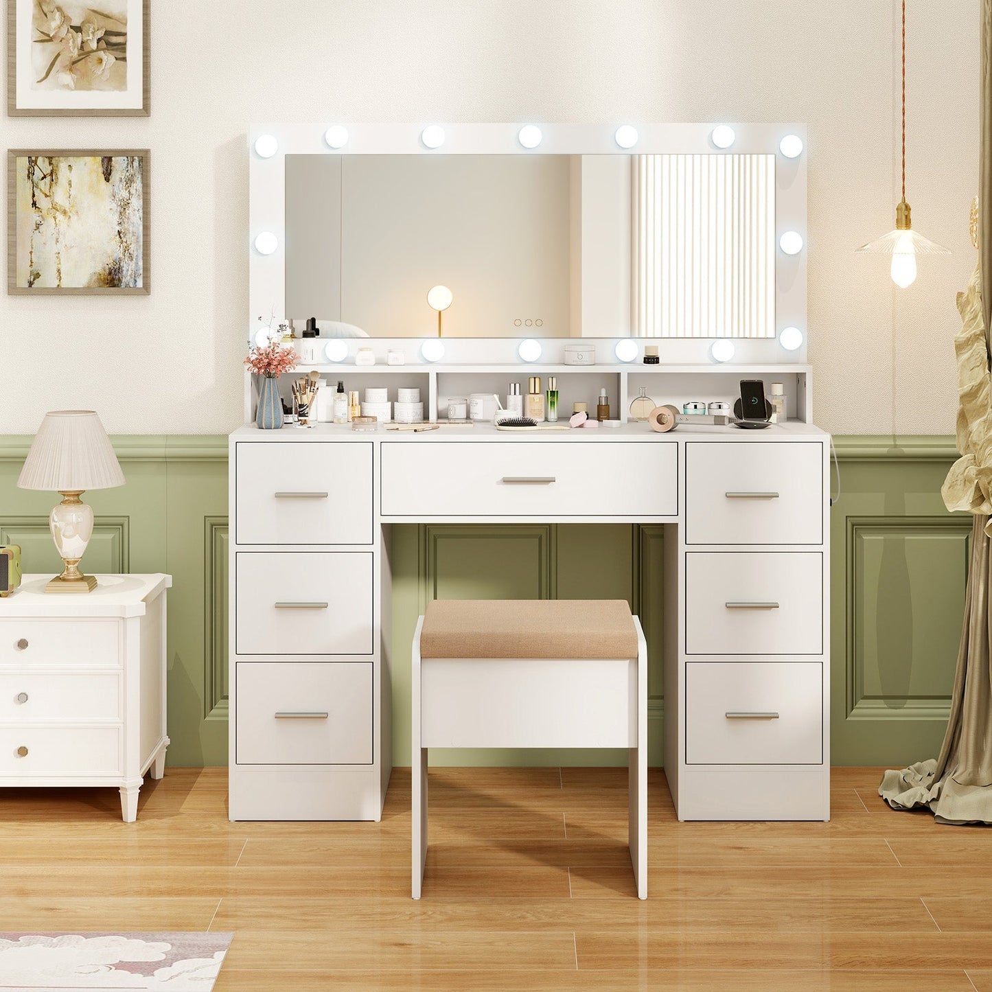 Makeup Vanity Desk with Mirror 3-Color LED Lights and Charging Station