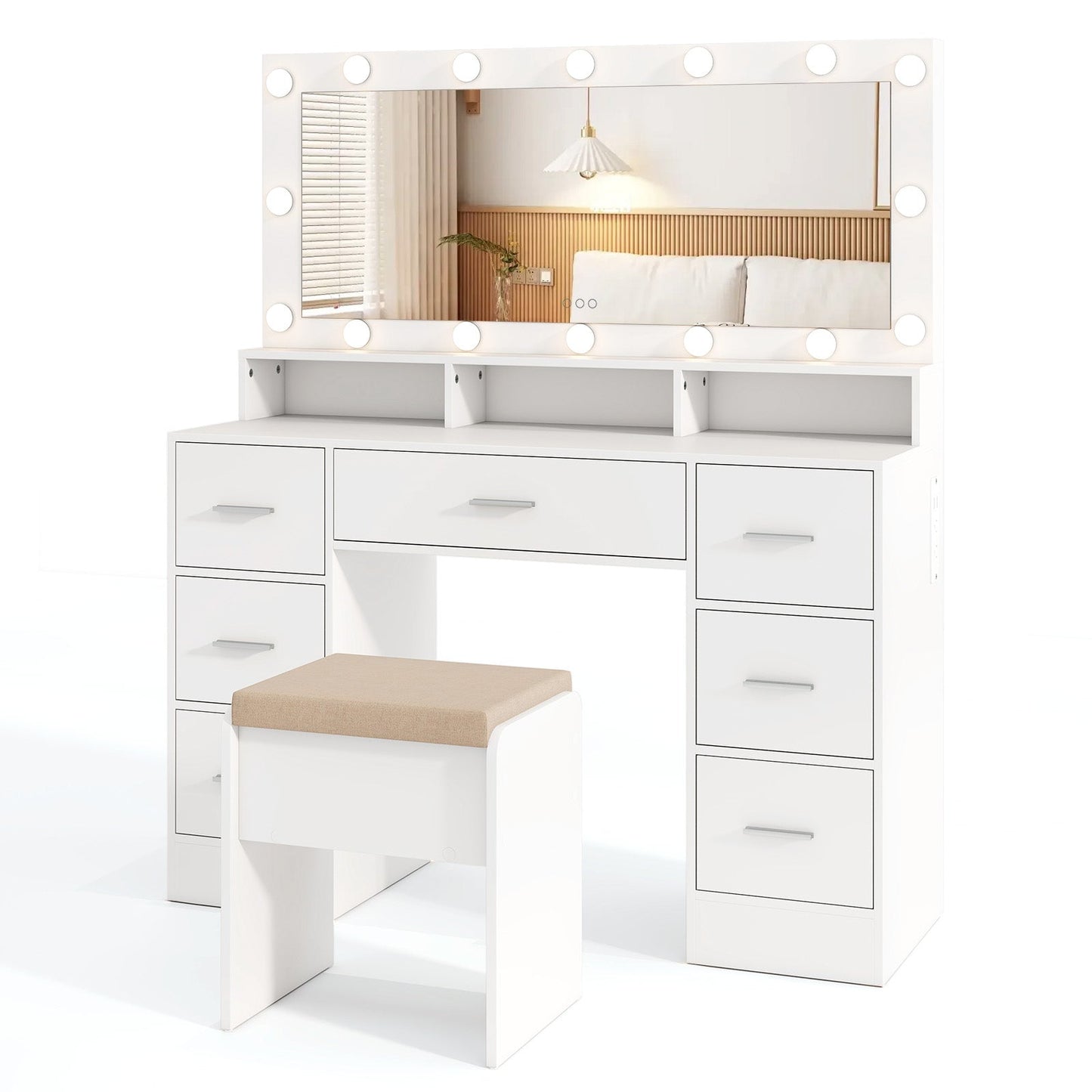 Makeup Vanity Desk with Mirror 3-Color LED Lights and Charging Station