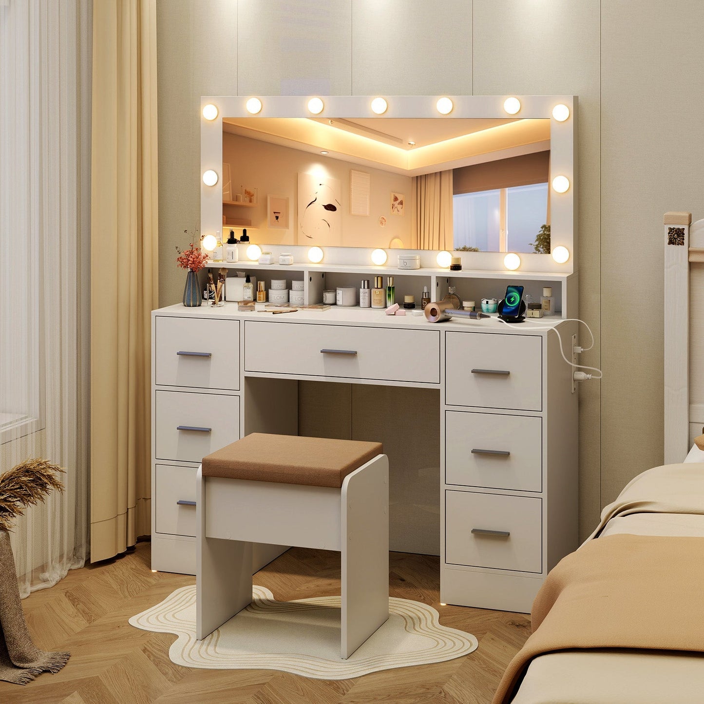 Makeup Vanity Desk with Mirror 3-Color LED Lights and Charging Station