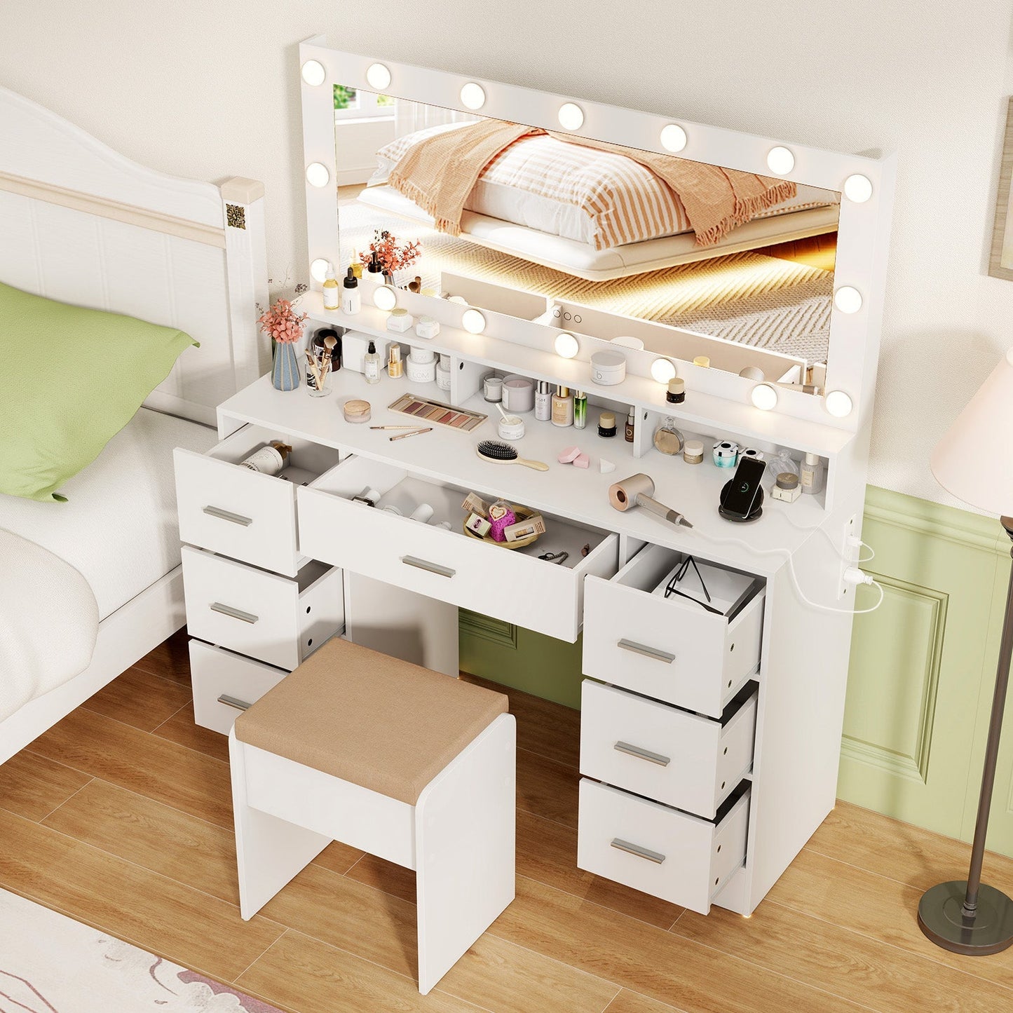 Makeup Vanity Desk with Mirror 3-Color LED Lights and Charging Station