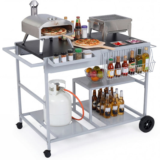 Movable Grill Table with 2 Spice Containers and Station for Backyard and BBQ