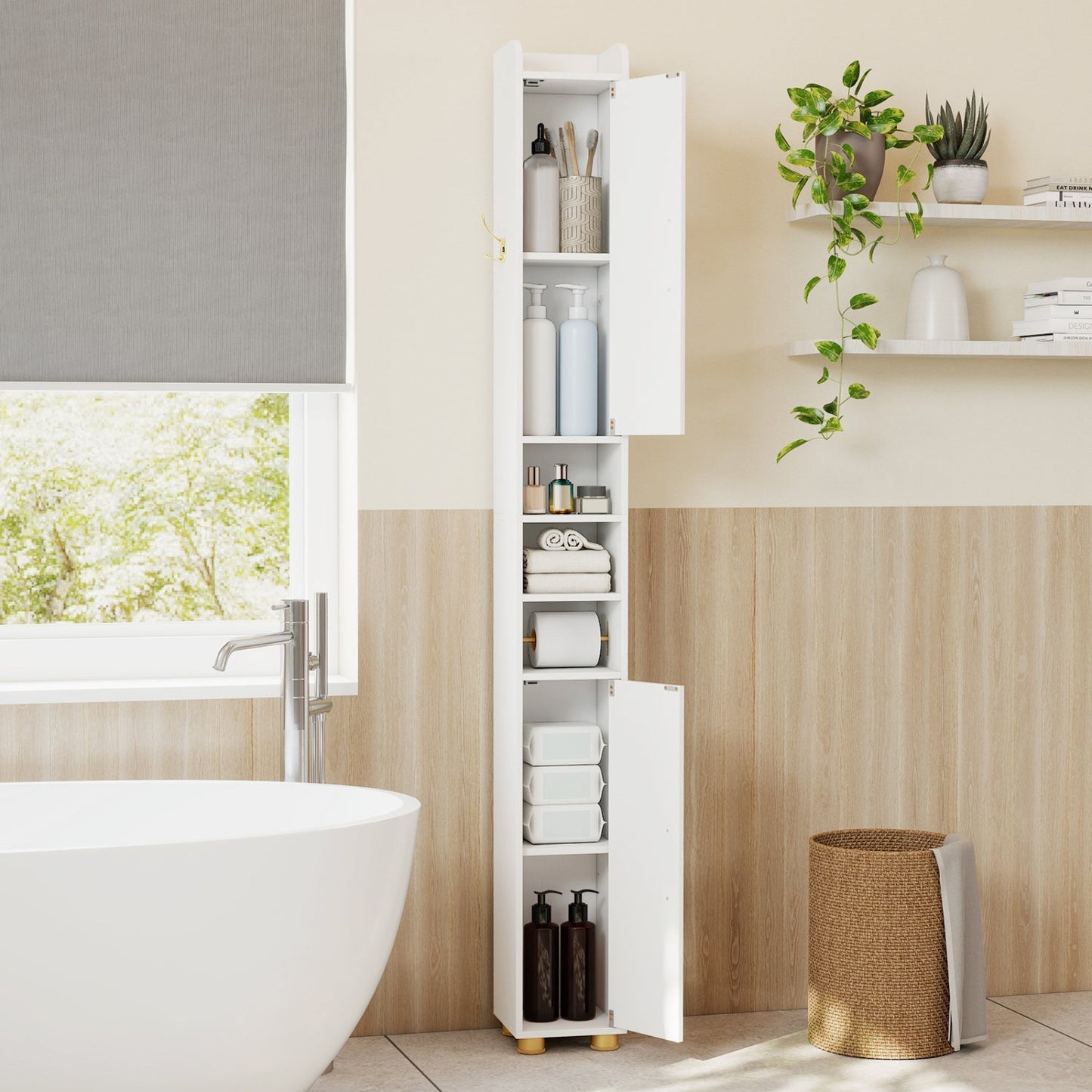 Narrow Bathroom Storage Cabinet with Shelves & Paper Holder