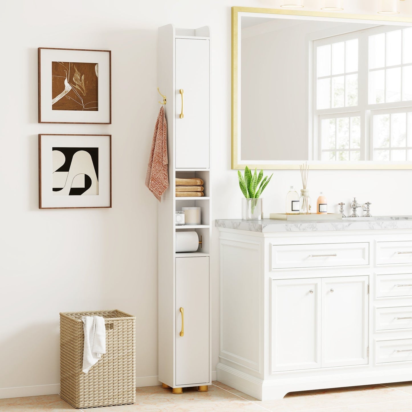 Narrow Bathroom Storage Cabinet with Shelves & Paper Holder