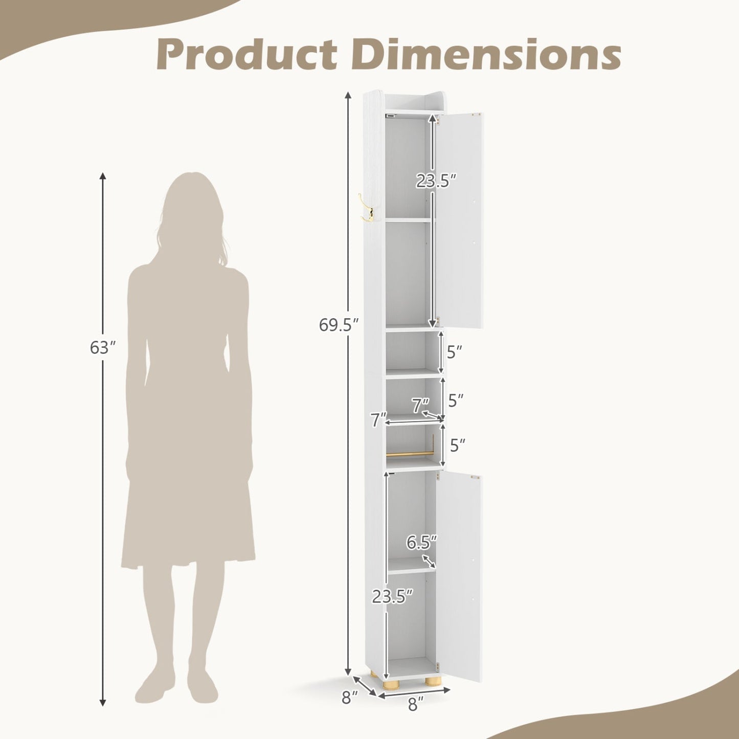 Narrow Bathroom Storage Cabinet with Shelves & Paper Holder