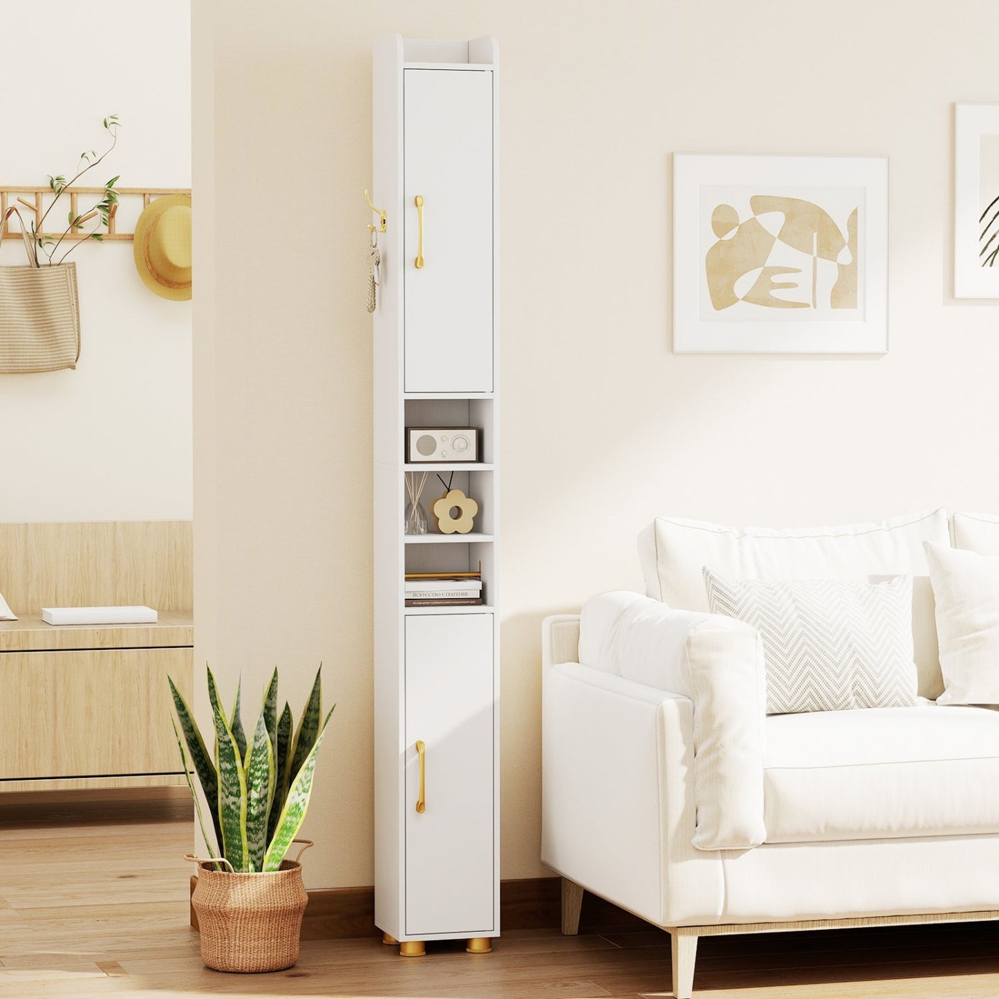 Narrow Bathroom Storage Cabinet with Shelves & Paper Holder