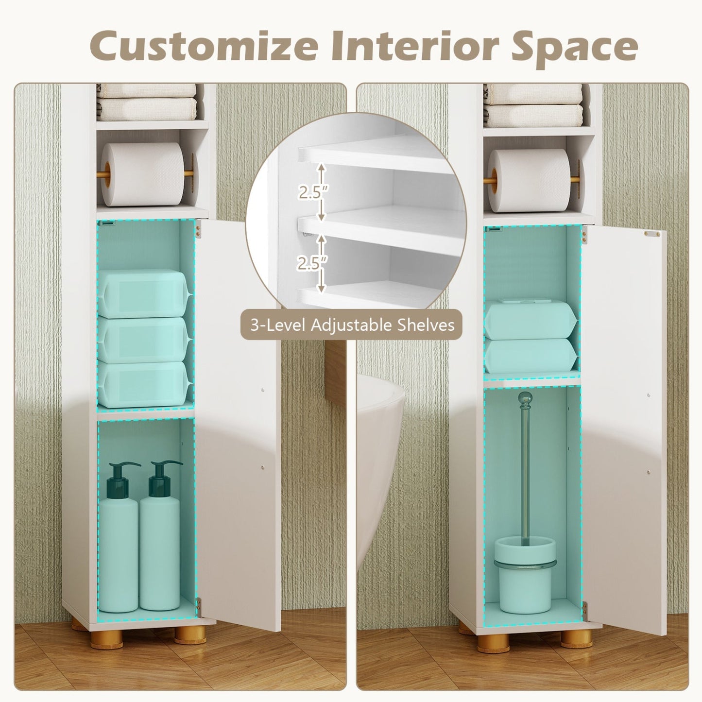 Narrow Bathroom Storage Cabinet with Shelves & Paper Holder