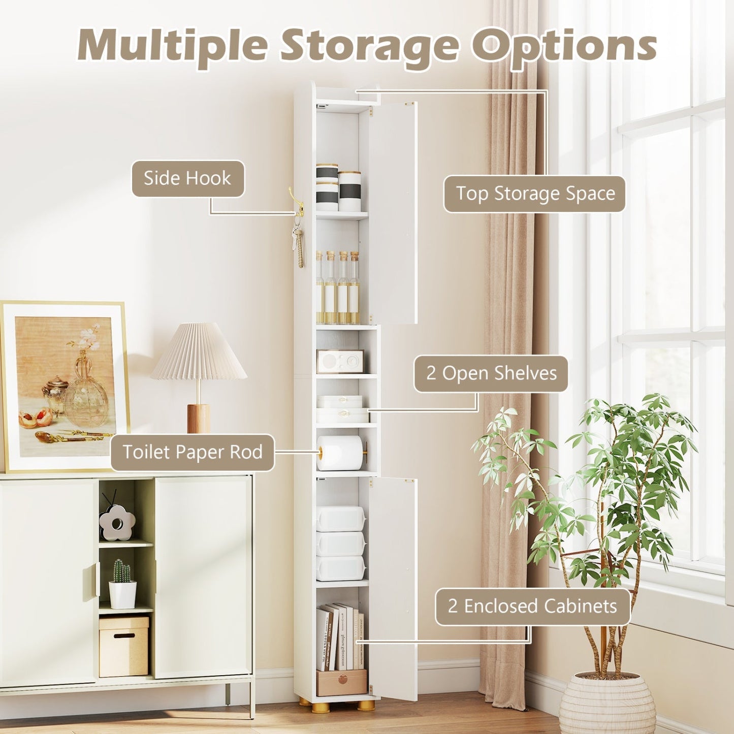 Narrow Bathroom Storage Cabinet with Shelves & Paper Holder