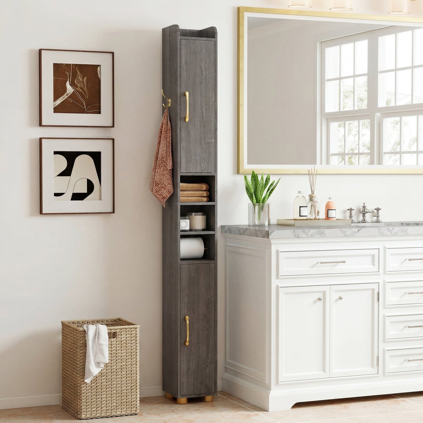 Narrow Bathroom Storage Cabinet with Shelves & Paper Holder