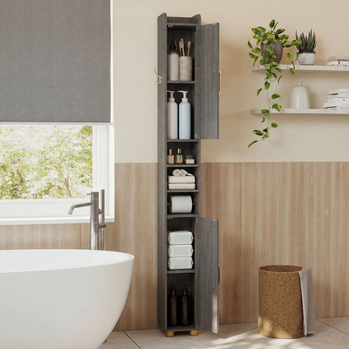 Narrow Bathroom Storage Cabinet with Shelves & Paper Holder