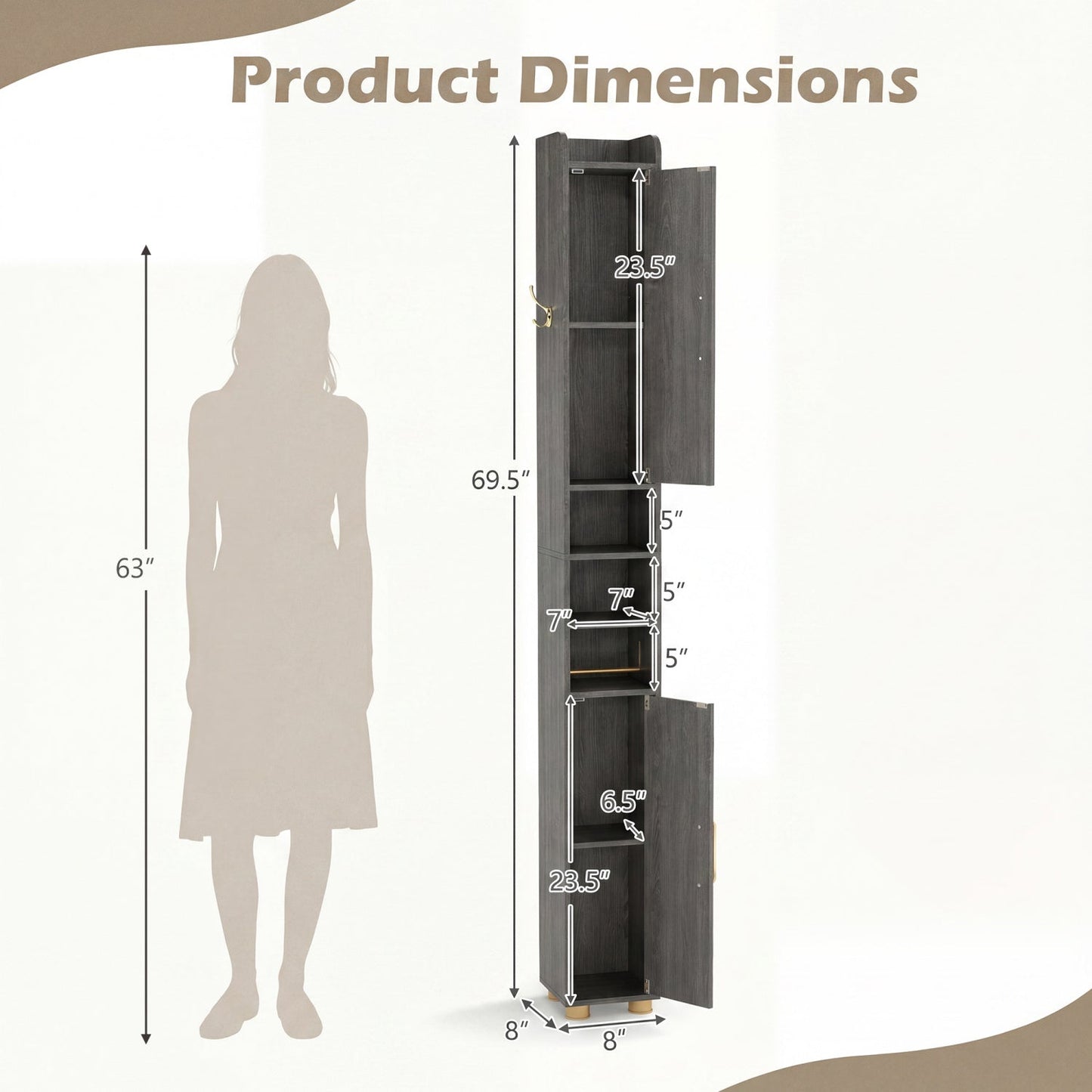 Narrow Bathroom Storage Cabinet with Shelves & Paper Holder