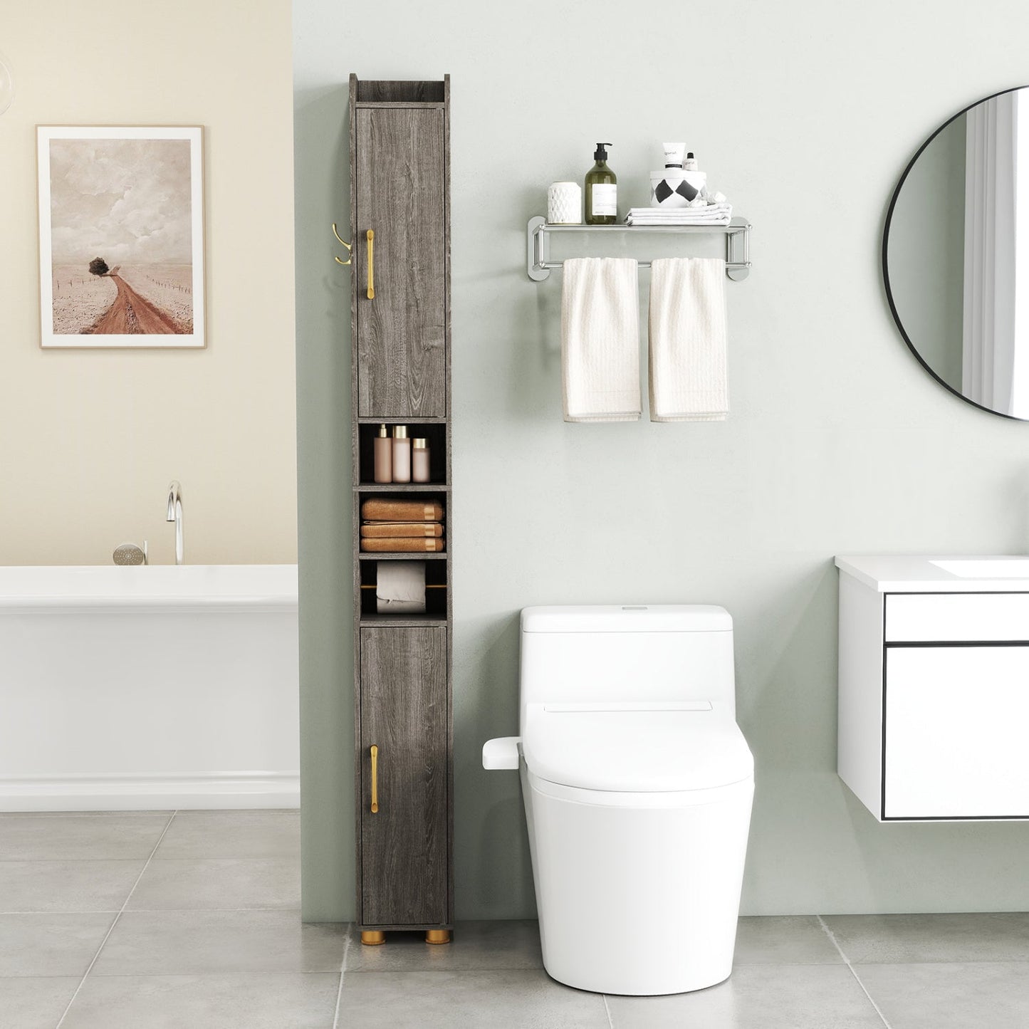 Narrow Bathroom Storage Cabinet with Shelves & Paper Holder