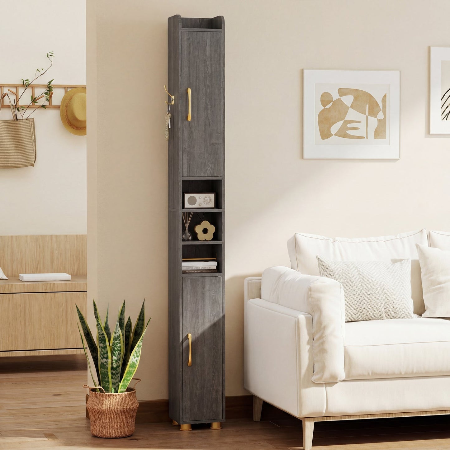 Narrow Bathroom Storage Cabinet with Shelves & Paper Holder