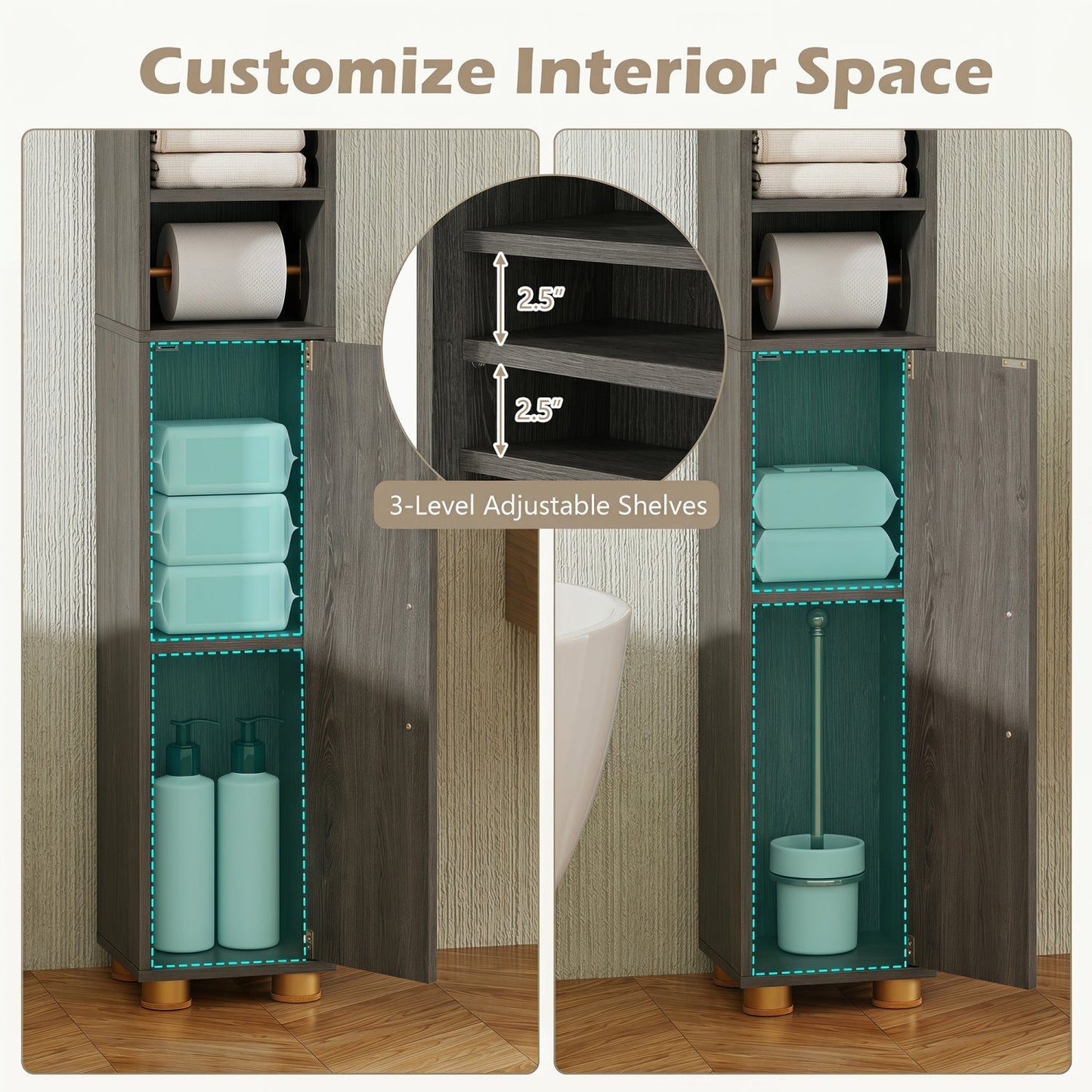 Narrow Bathroom Storage Cabinet with Shelves & Paper Holder
