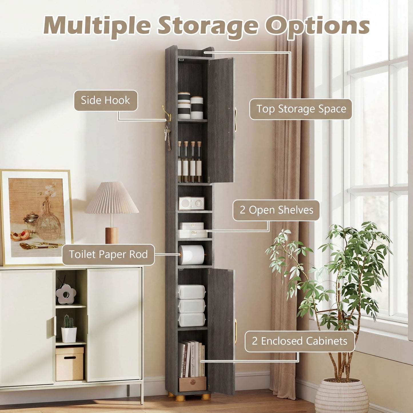 Narrow Bathroom Storage Cabinet with Shelves & Paper Holder