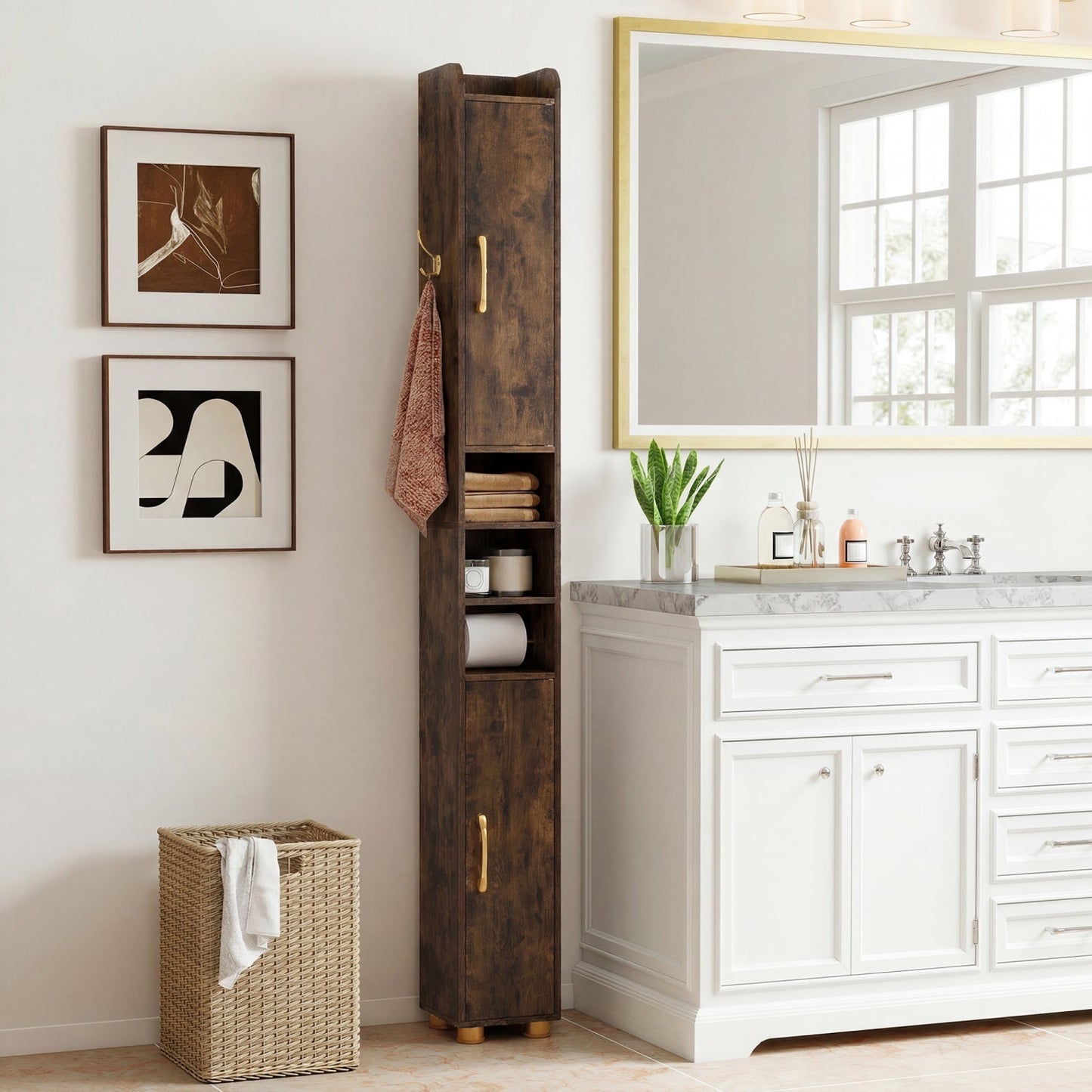 Narrow Bathroom Storage Cabinet with Shelves & Paper Holder