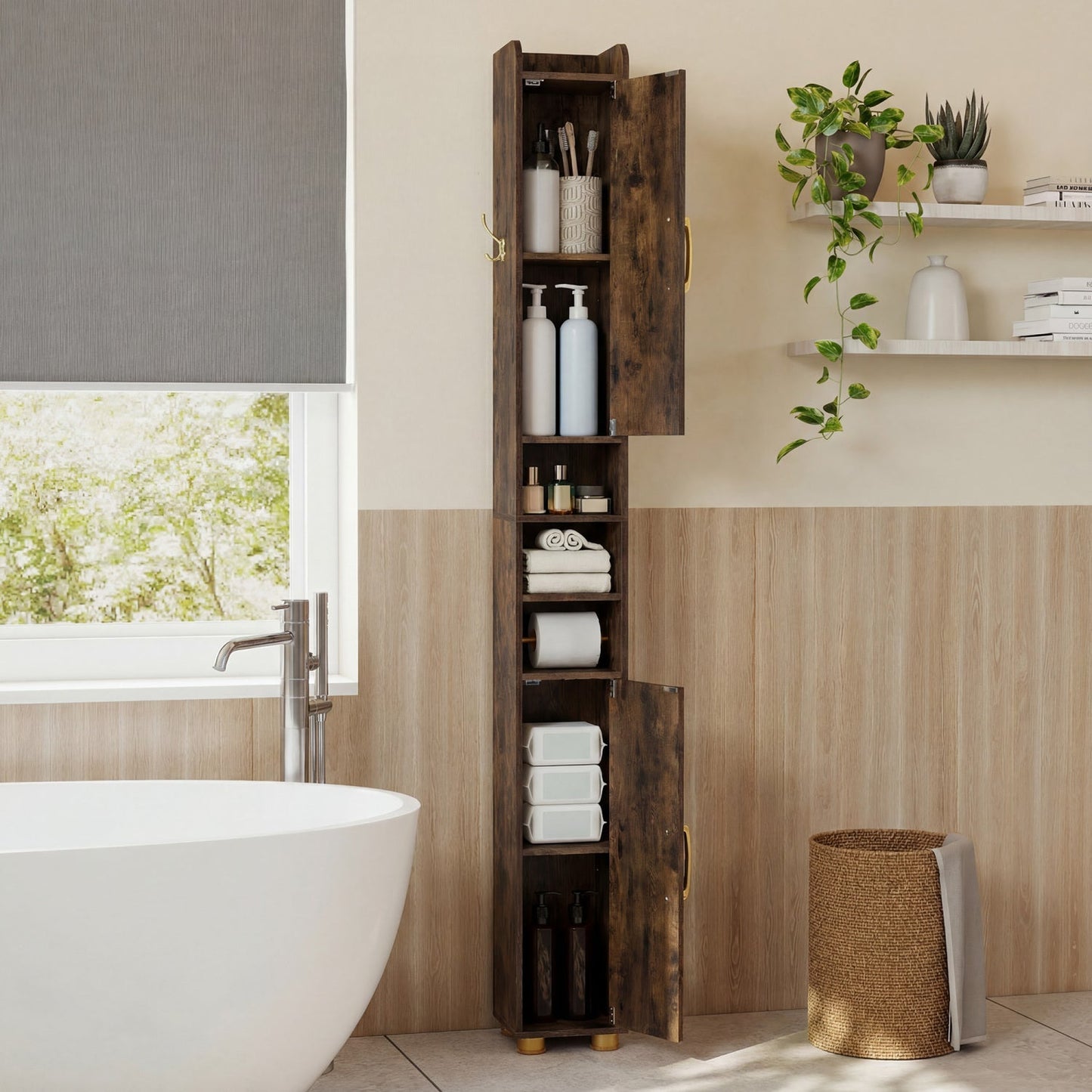 Narrow Bathroom Storage Cabinet with Shelves & Paper Holder