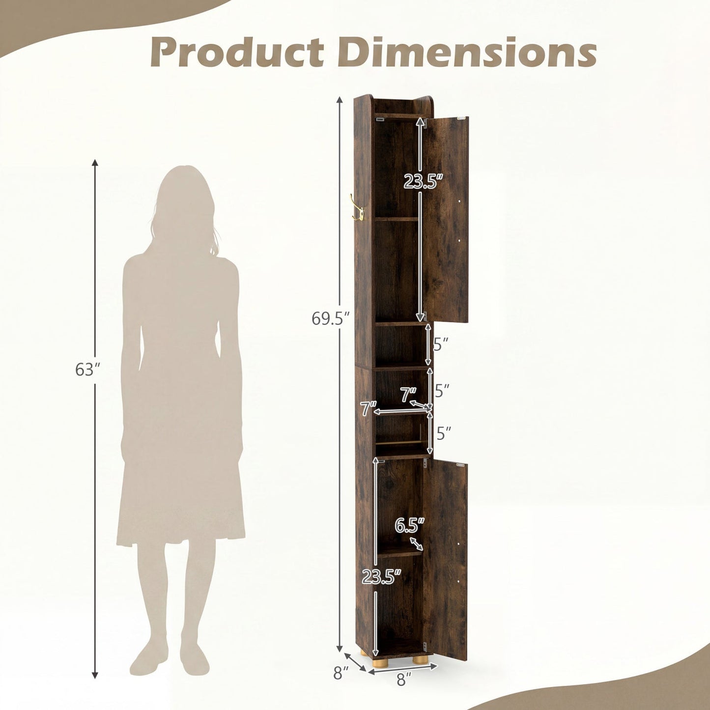 Narrow Bathroom Storage Cabinet with Shelves & Paper Holder