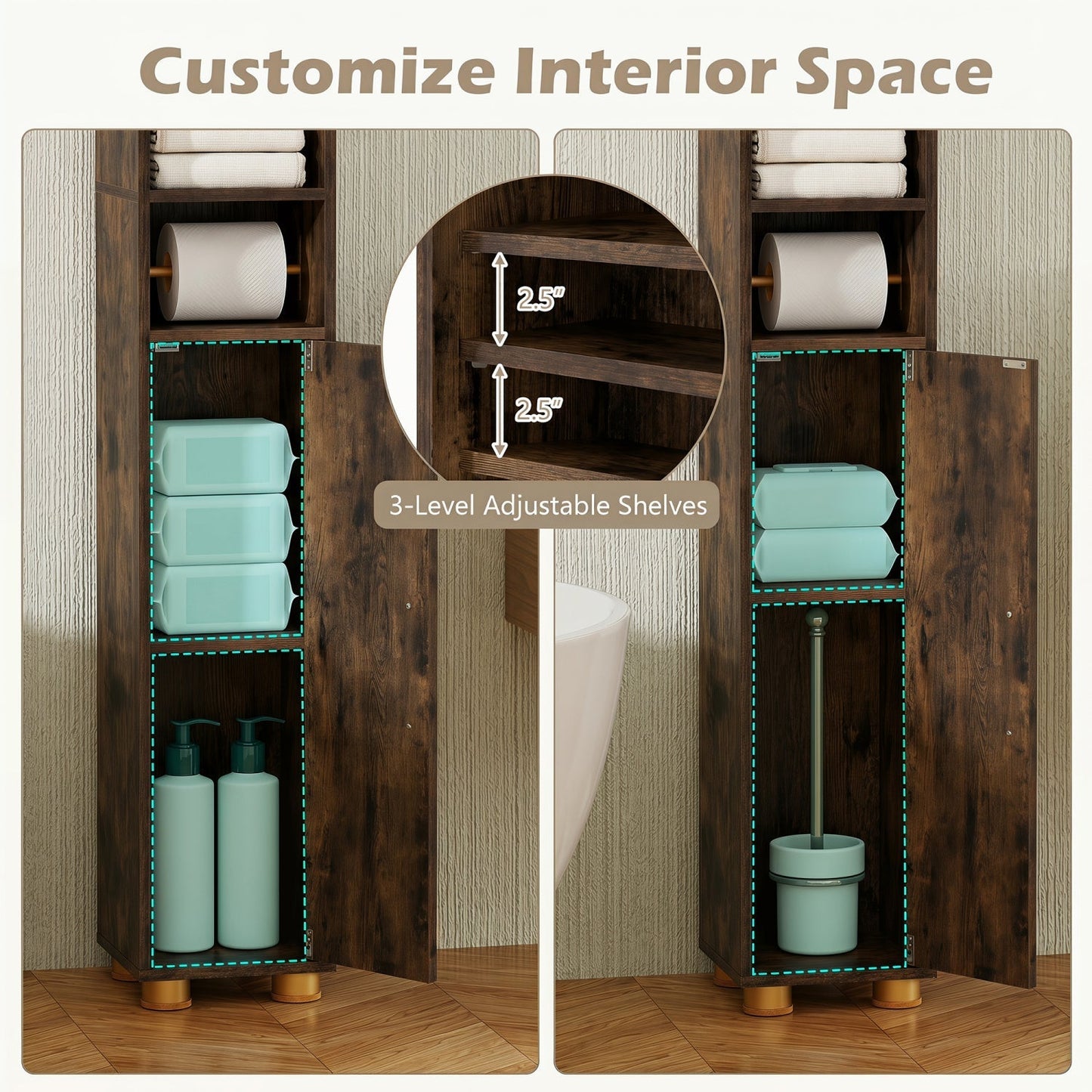 Narrow Bathroom Storage Cabinet with Shelves & Paper Holder