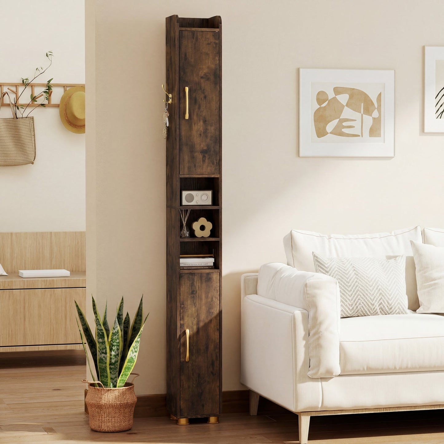 Narrow Bathroom Storage Cabinet with Shelves & Paper Holder