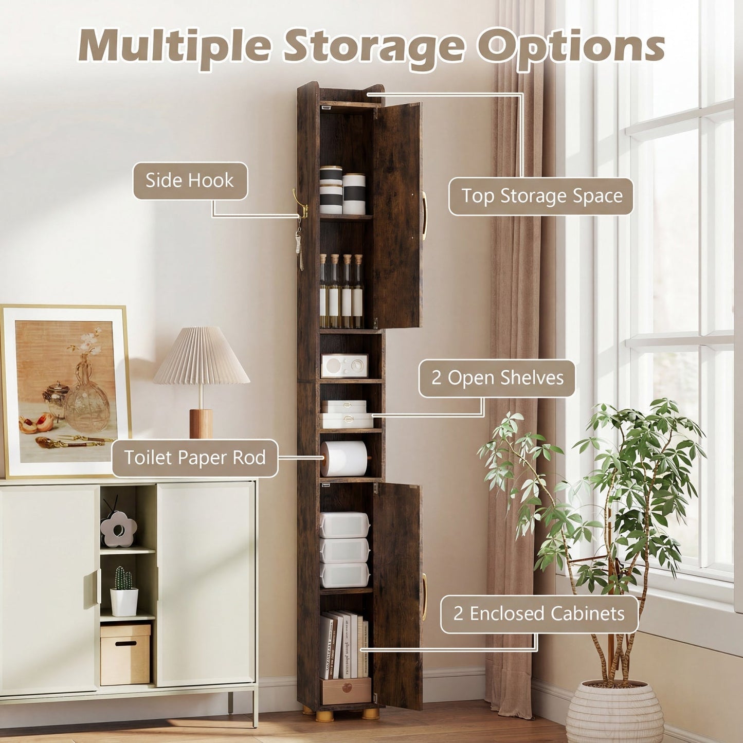 Narrow Bathroom Storage Cabinet with Shelves & Paper Holder