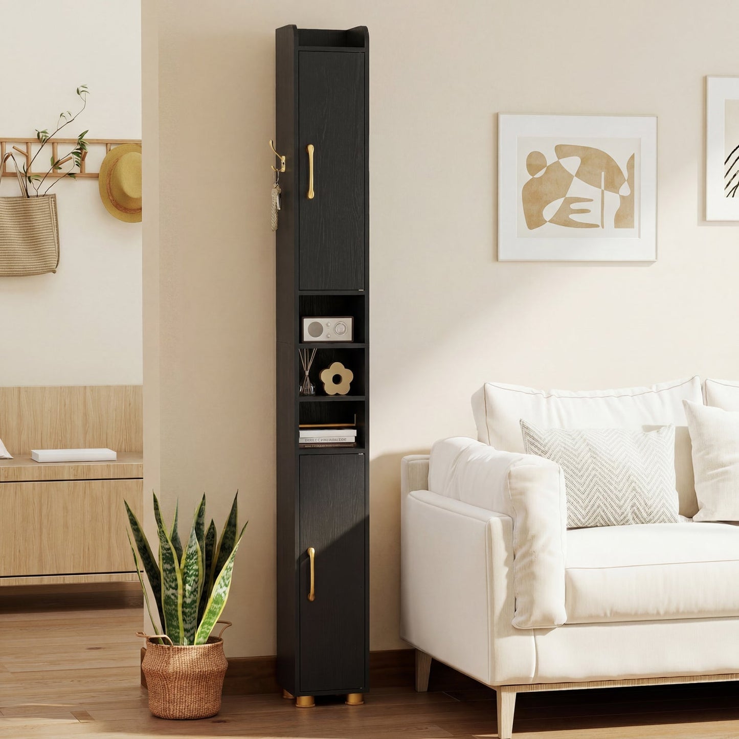 Narrow Bathroom Storage Cabinet with Shelves & Paper Holder