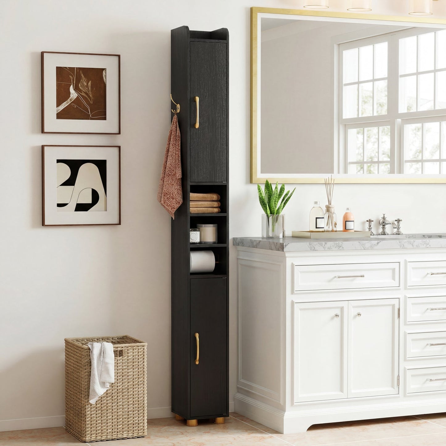 Narrow Bathroom Storage Cabinet with Shelves & Paper Holder