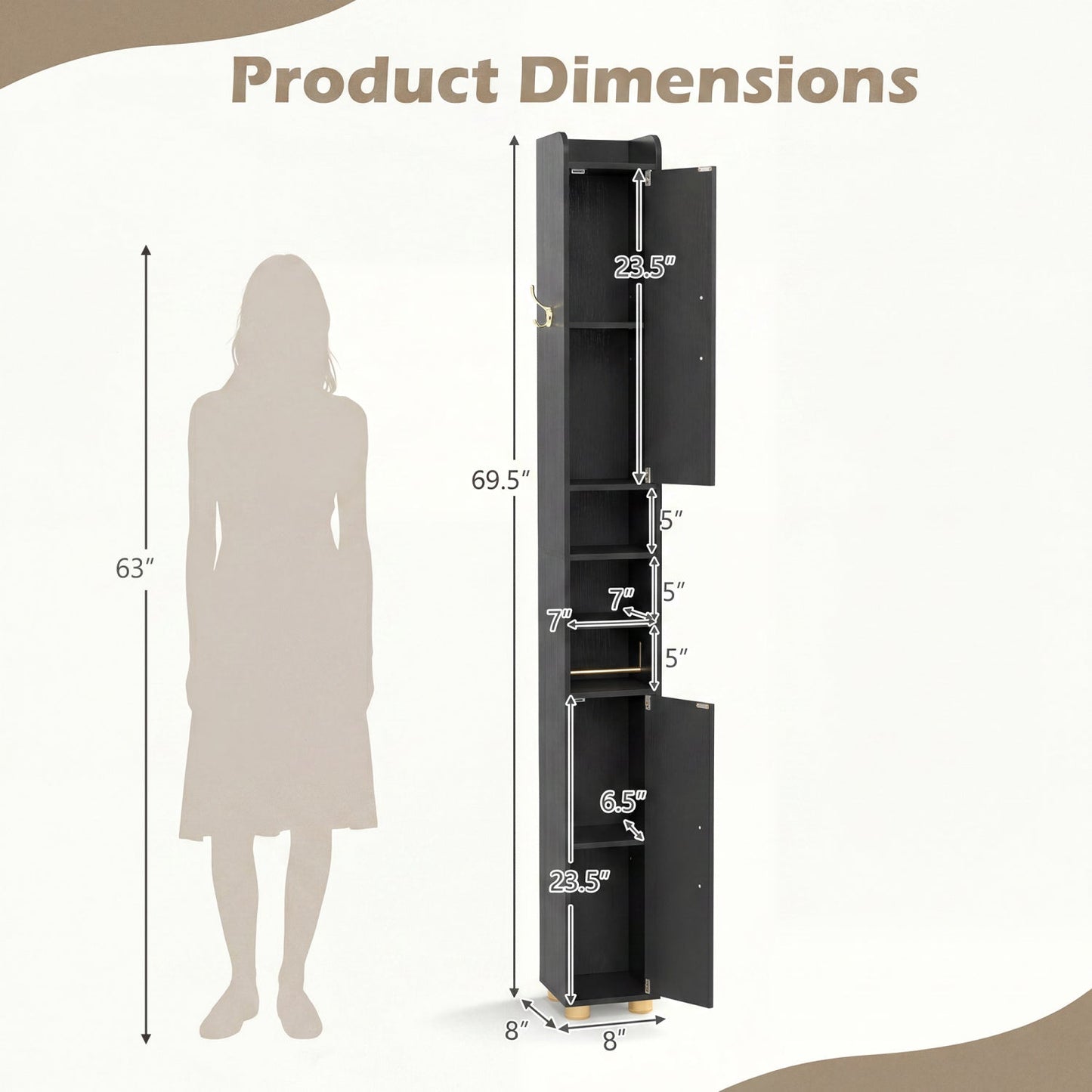 Narrow Bathroom Storage Cabinet with Shelves & Paper Holder