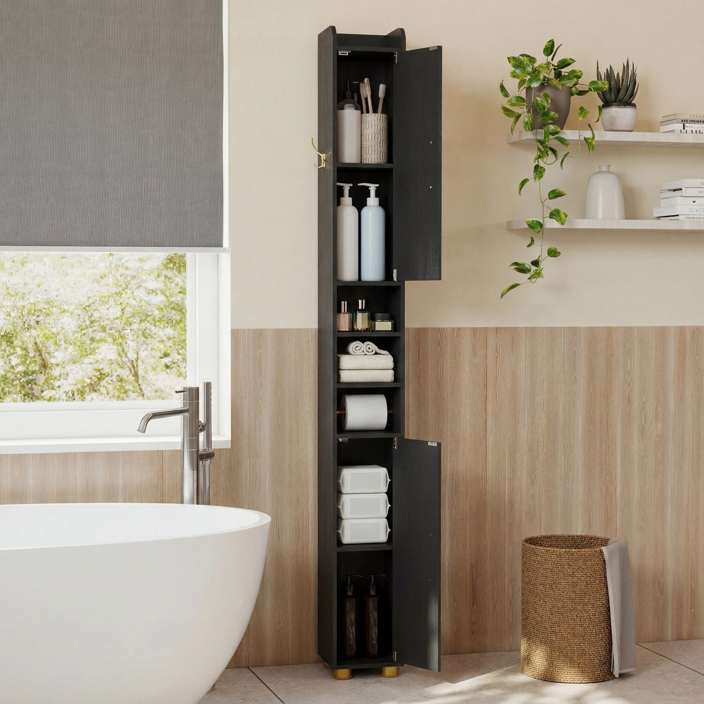 Narrow Bathroom Storage Cabinet with Shelves & Paper Holder