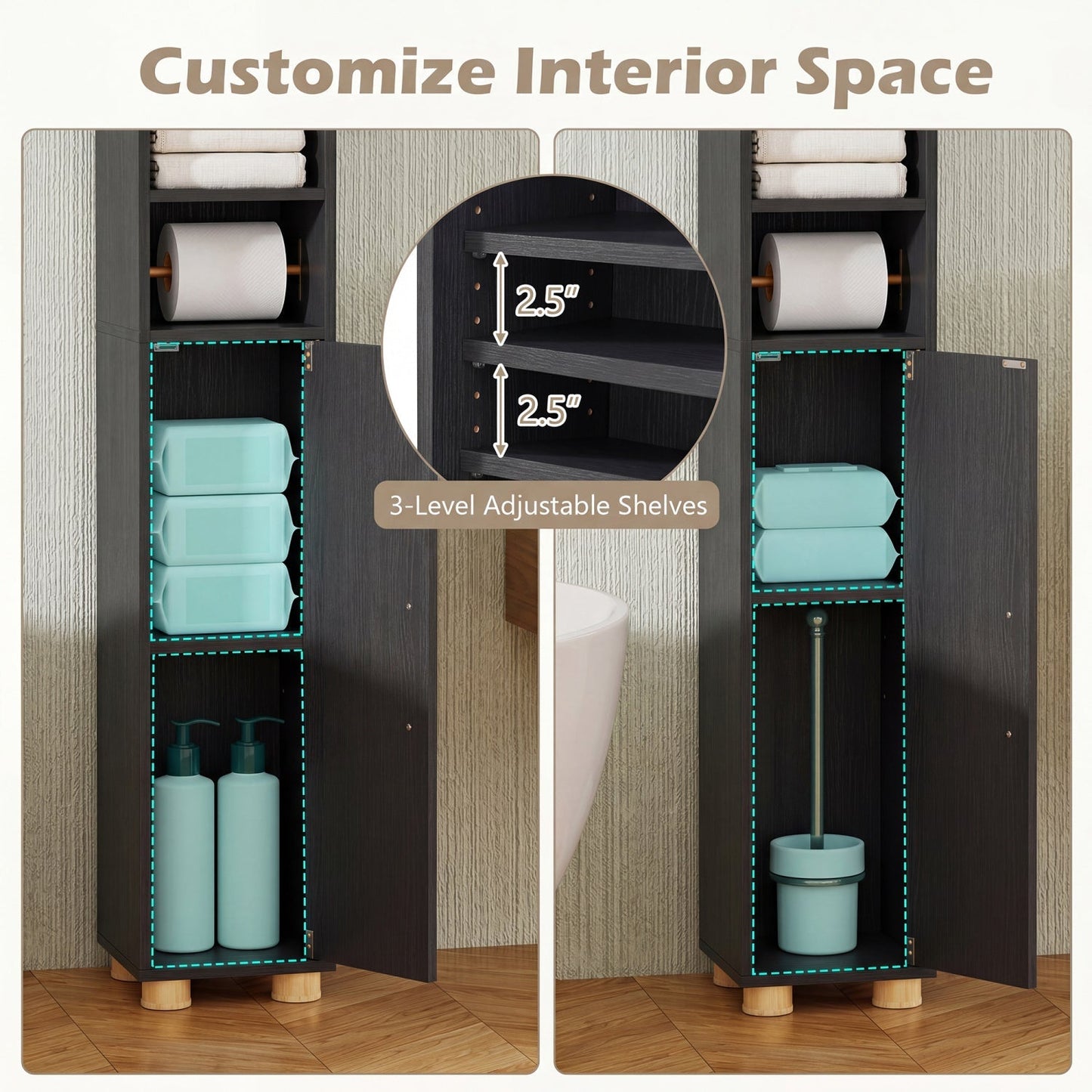 Narrow Bathroom Storage Cabinet with Shelves & Paper Holder