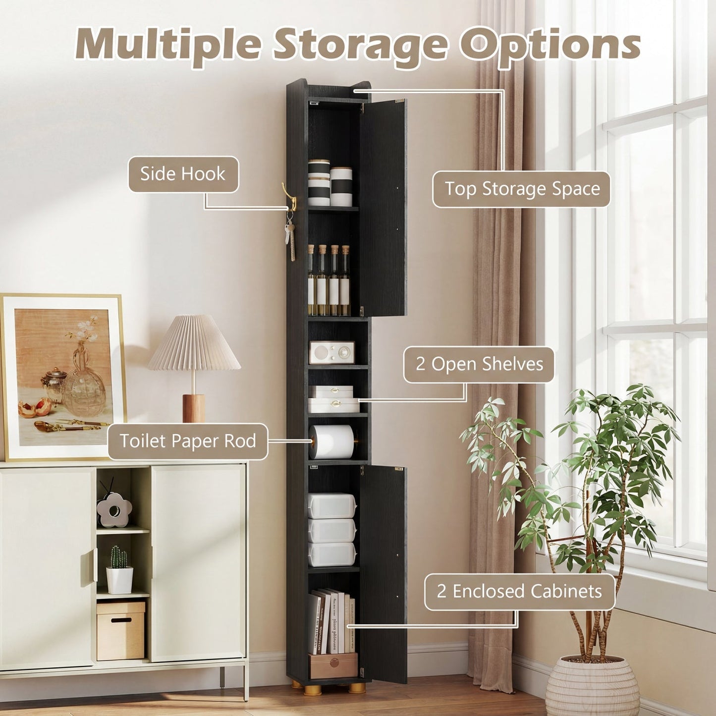 Narrow Bathroom Storage Cabinet with Shelves & Paper Holder