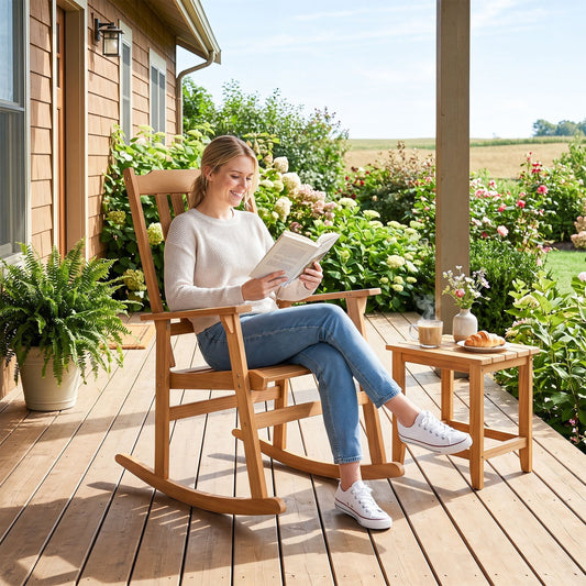 Acacia Wood Rocking Chair with High Back for Patio
