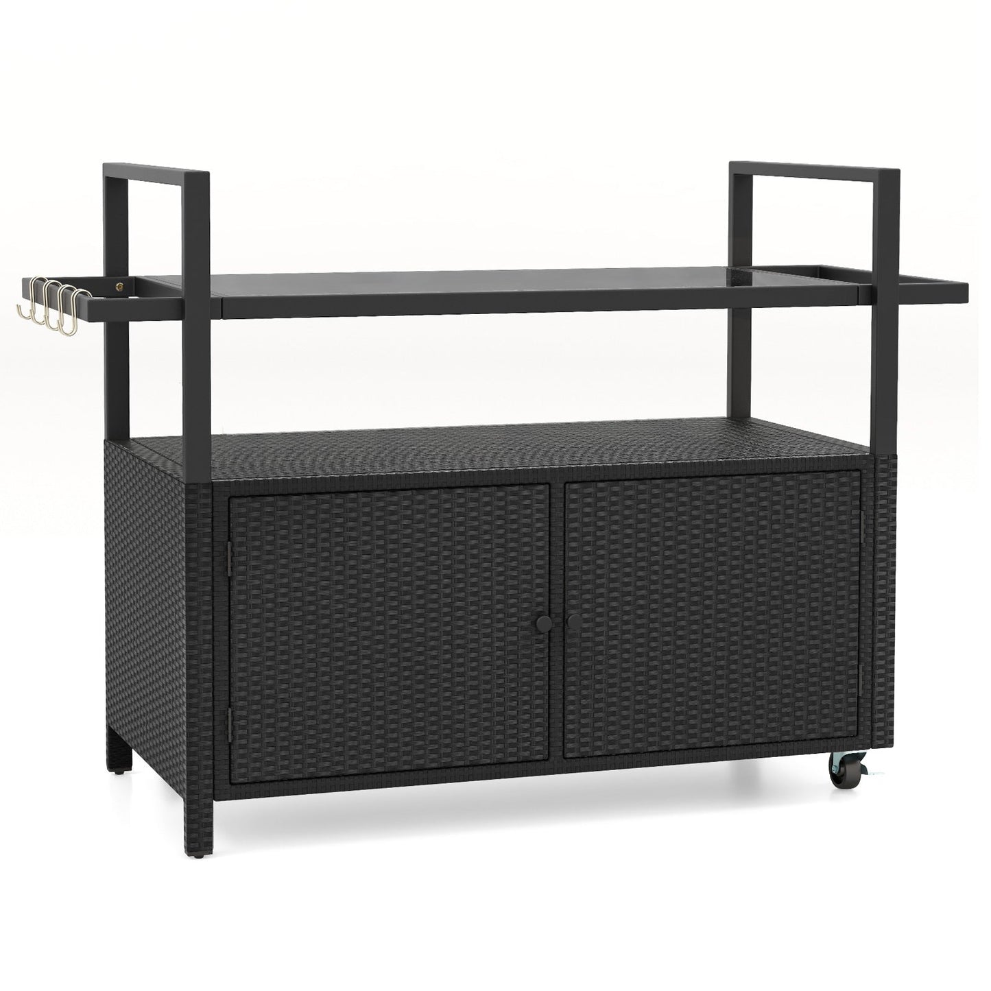 Outdoor Bar Cart Wicker Buffet Serving Cart with Cabinet and 8 Hooks