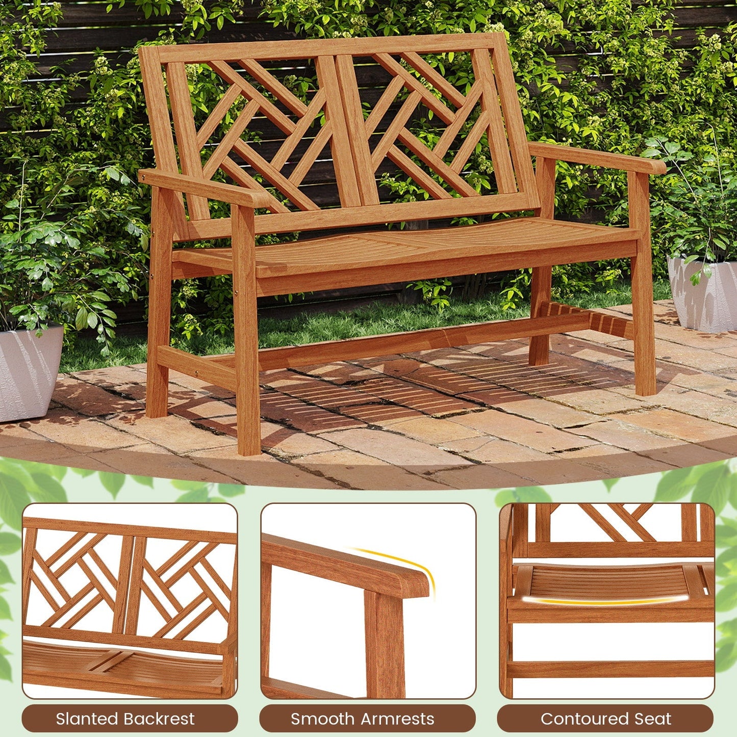 Outdoor Bench Wood 2-Person Patio Loveseat Chair with Geometric Backrest