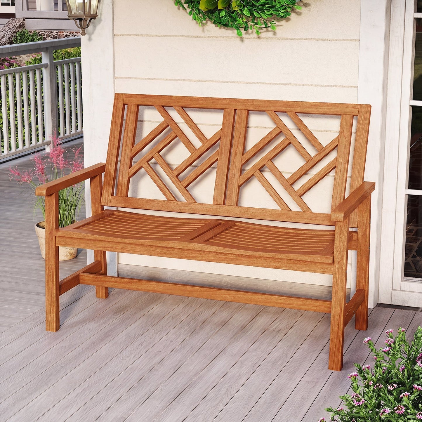 Outdoor Bench Wood 2-Person Patio Loveseat Chair with Geometric Backrest