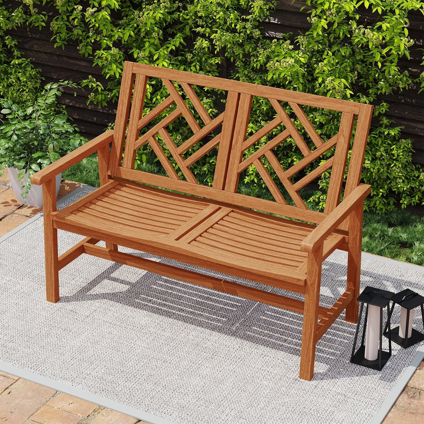 Outdoor Bench Wood 2-Person Patio Loveseat Chair with Geometric Backrest
