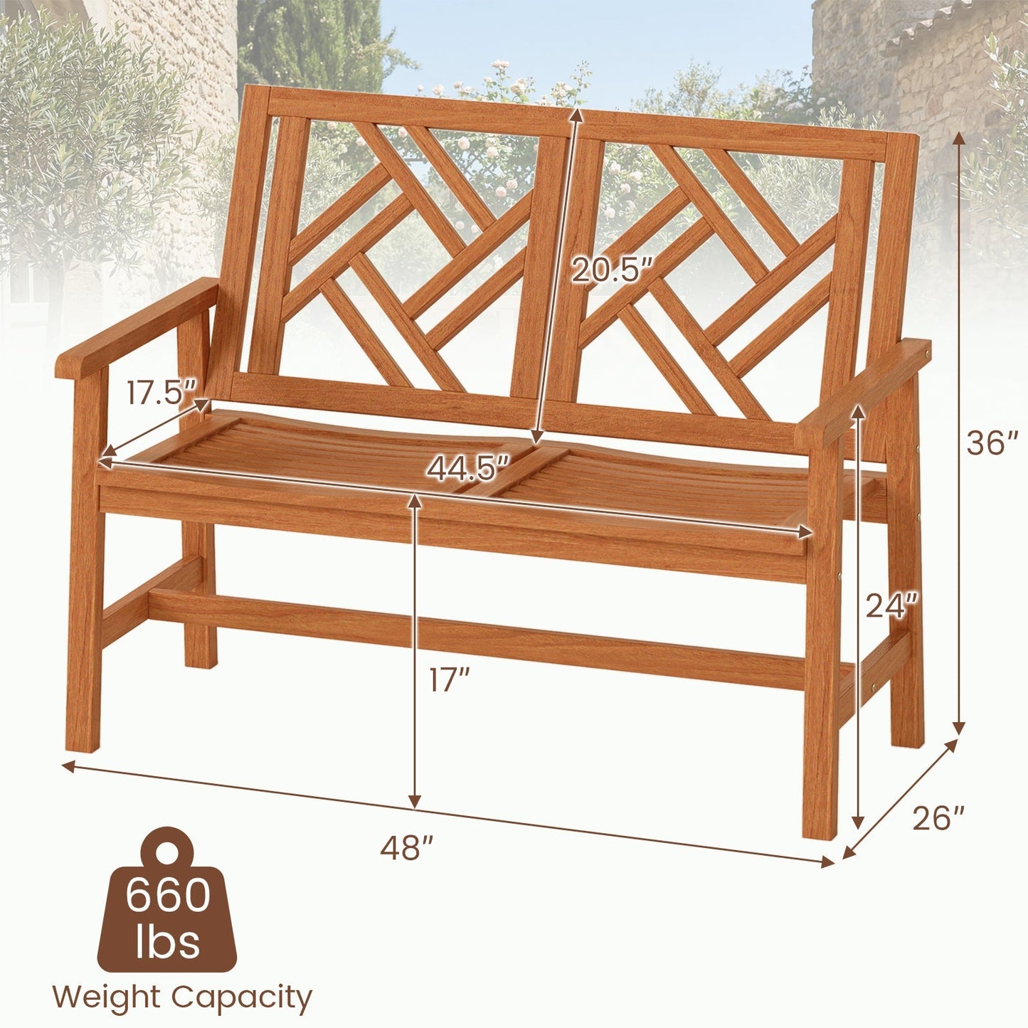 Outdoor Bench Wood 2-Person Patio Loveseat Chair with Geometric Backrest