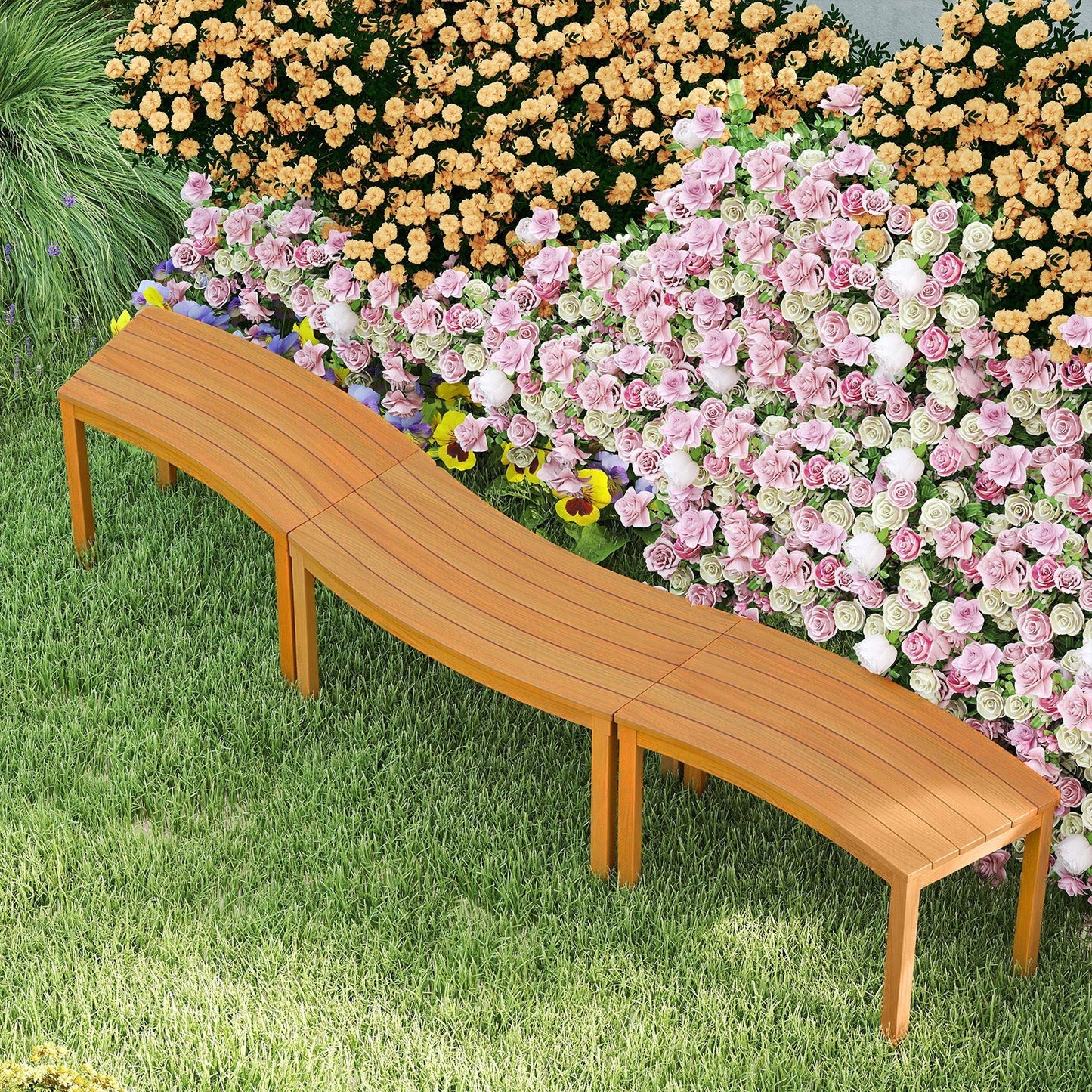 Outdoor Curved Acacia Wood Bench Set of 2/3/4 for Front Porch