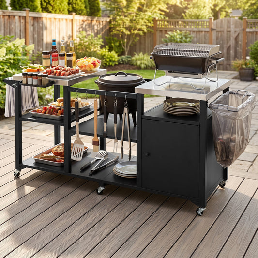 Outdoor Grill Cart with Stainless Steel Tabletop & Cabinet