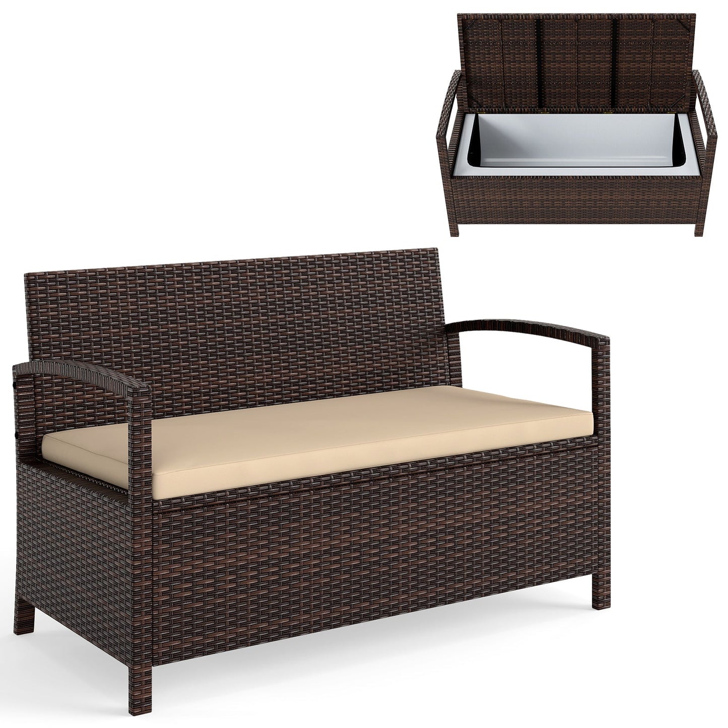 Outdoor PE Wicker Storage Bench 2 Seater with Cushion and 42 Gallon Deck Box-Beige