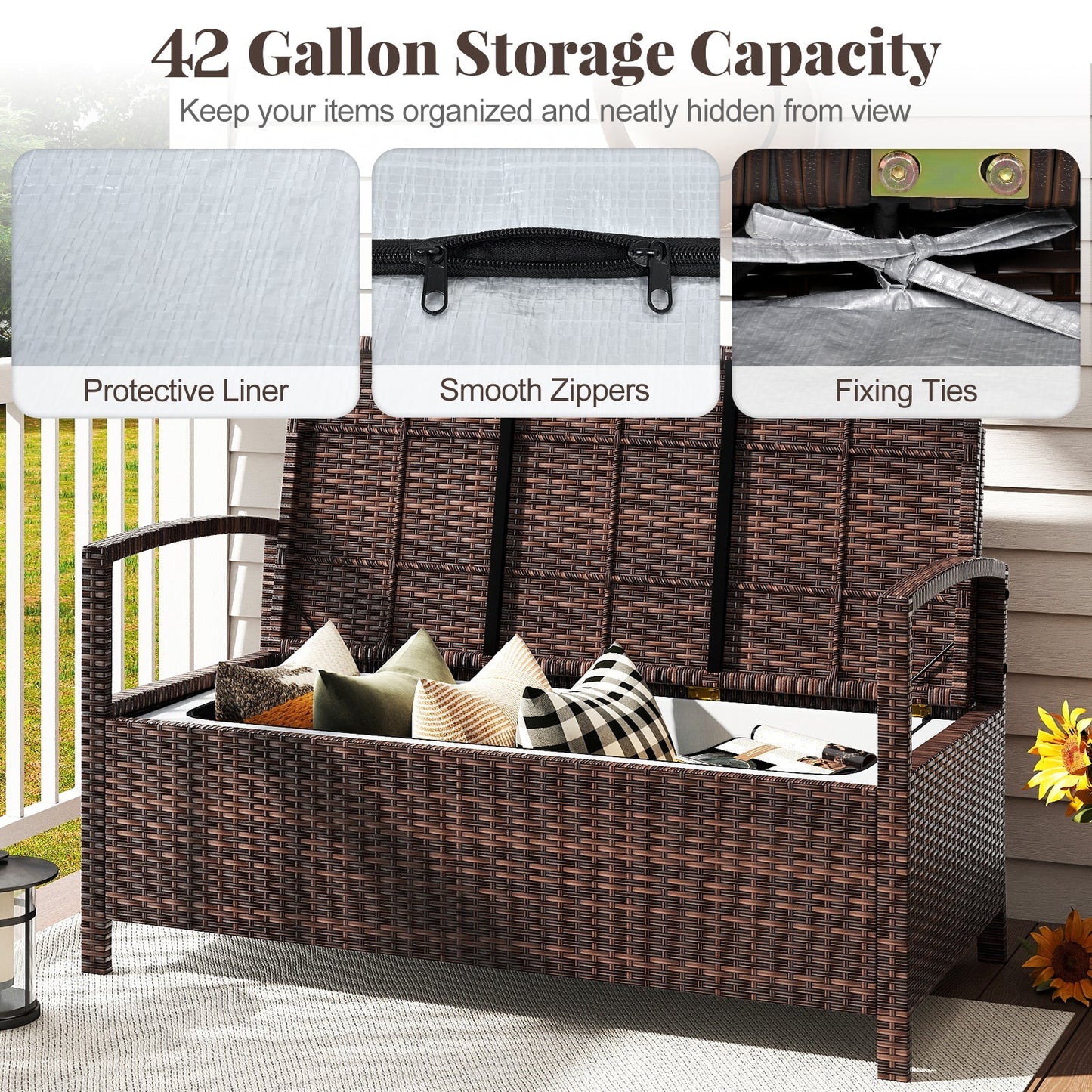 Outdoor PE Wicker Storage Bench 2 Seater with Cushion and 42 Gallon Deck Box-Beige