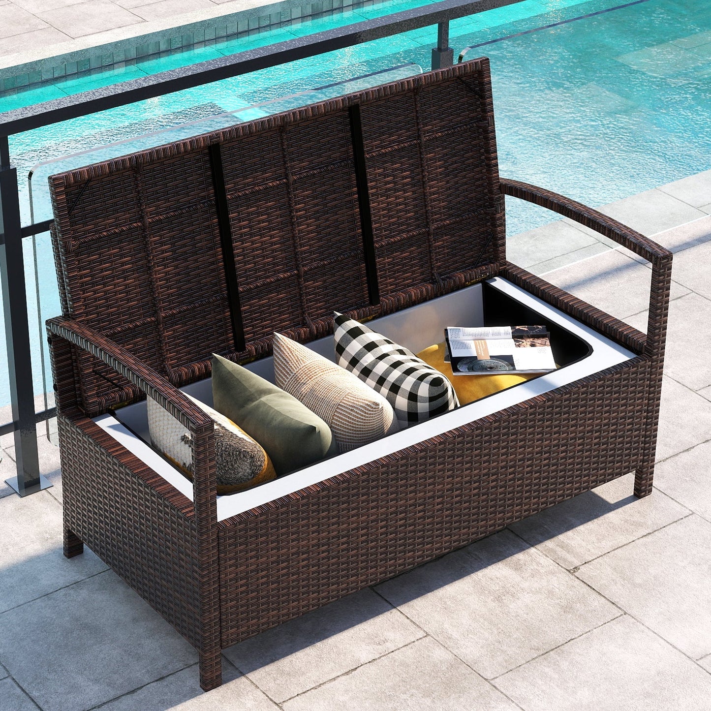 Outdoor PE Wicker Storage Bench 2 Seater with Cushion and 42 Gallon Deck Box-Beige