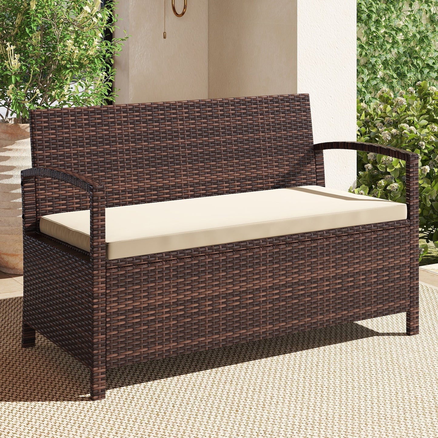 Outdoor PE Wicker Storage Bench 2 Seater with Cushion and 42 Gallon Deck Box-Beige