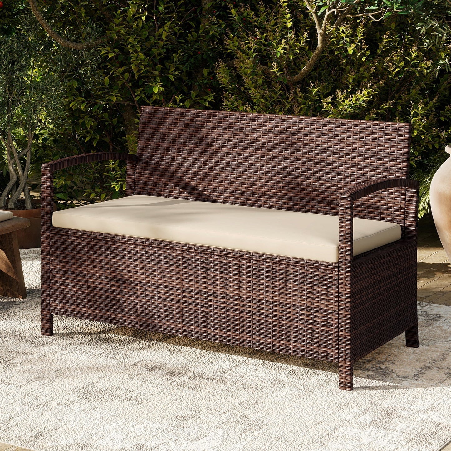 Outdoor PE Wicker Storage Bench 2 Seater with Cushion and 42 Gallon Deck Box-Beige