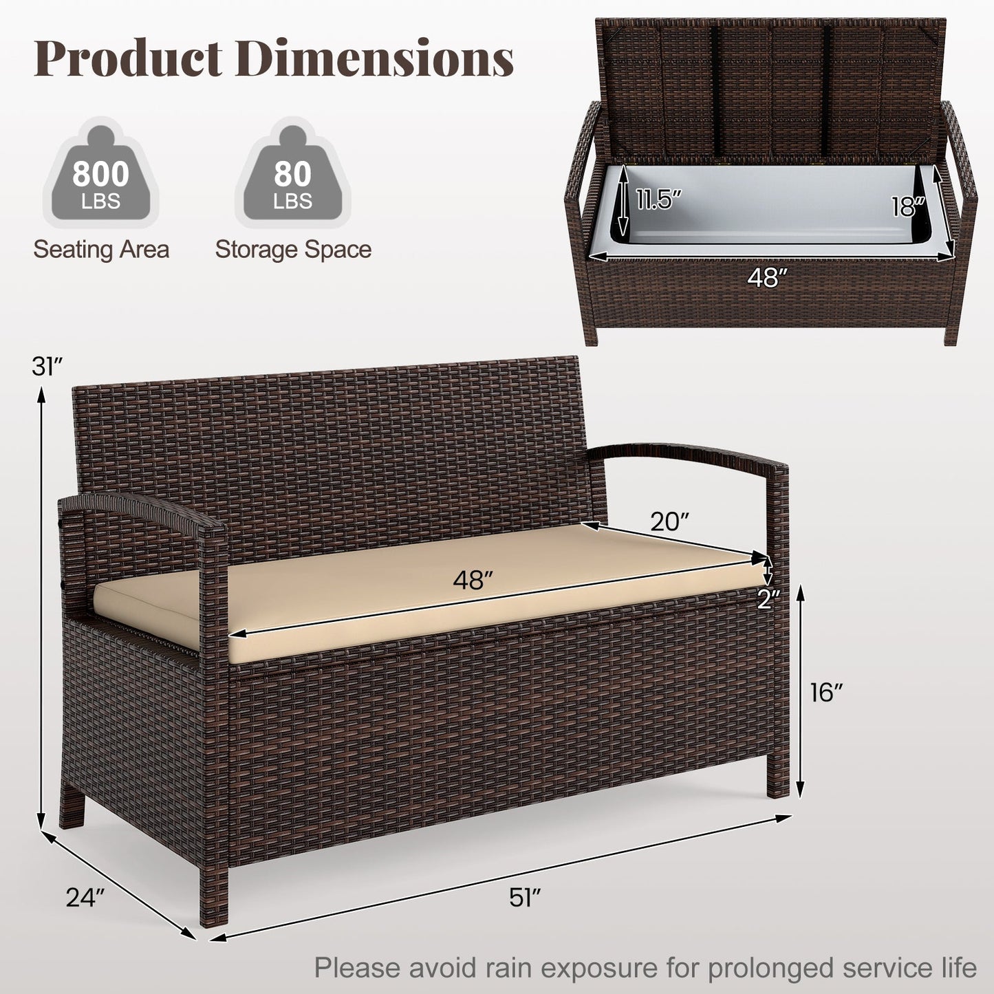 Outdoor PE Wicker Storage Bench 2 Seater with Cushion and 42 Gallon Deck Box-Beige
