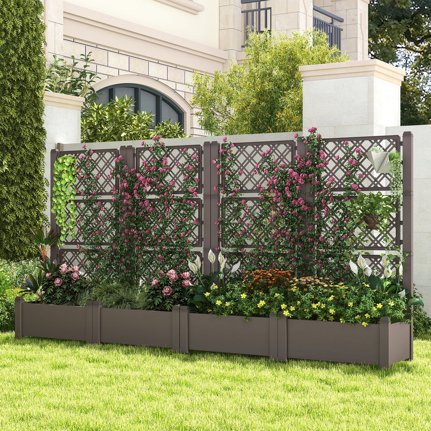 Outdoor Planter Box Self-Watering Raised Garden Bed Trellis with Water Level Indicator