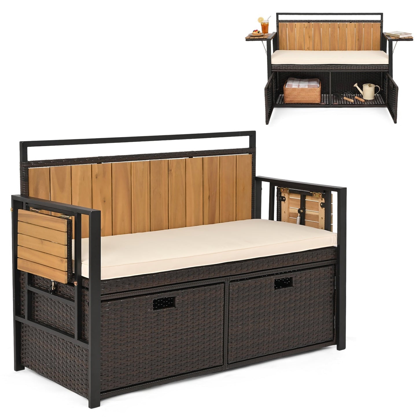 Outdoor Storage Bench with 2 Side Tables and Cushioned Seat